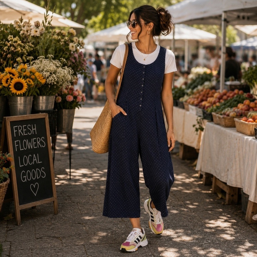 Vintage Neo Nostalgia Polka Dot Jumpsuit Navy Wide Leg Sleeveless L Deadstock